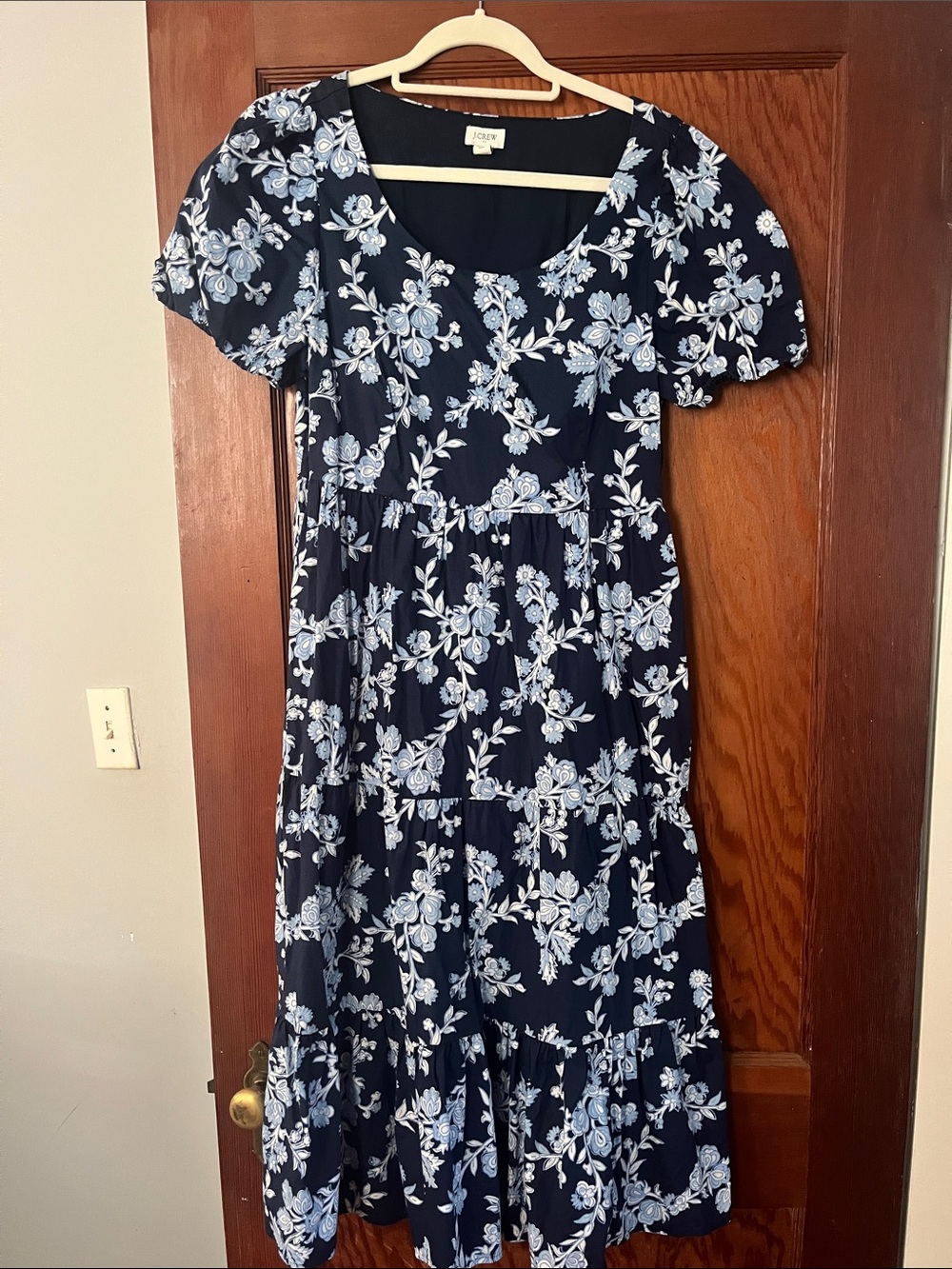 J. Crew Navy Floral Tiered Midi Dress with White Blossoms